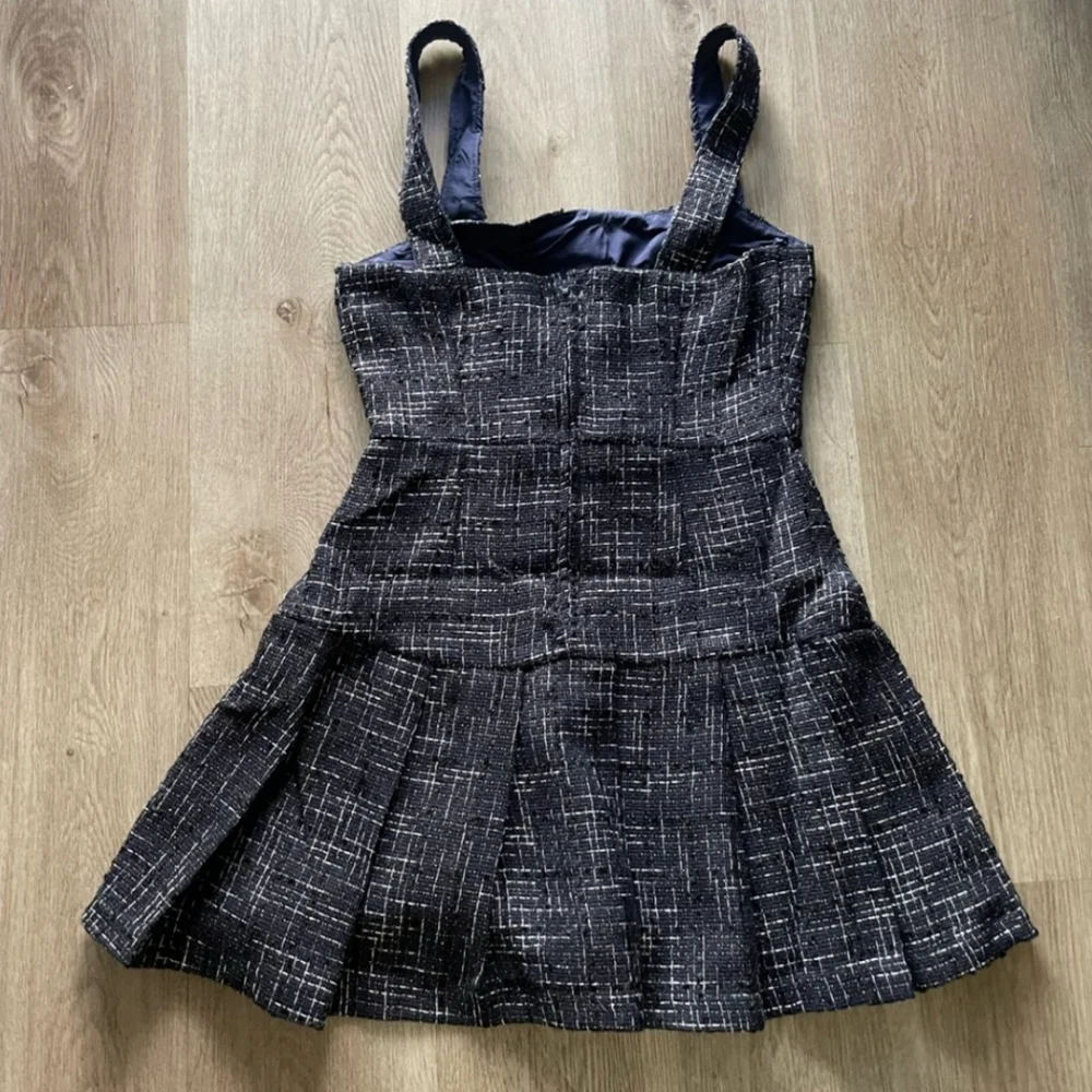Francescas jaime navy blue tweed square neck pleated mini party dress Large NEW - Picture 4 of 5